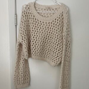 Open Knit Lightweight Crewneck Sweater - Cream